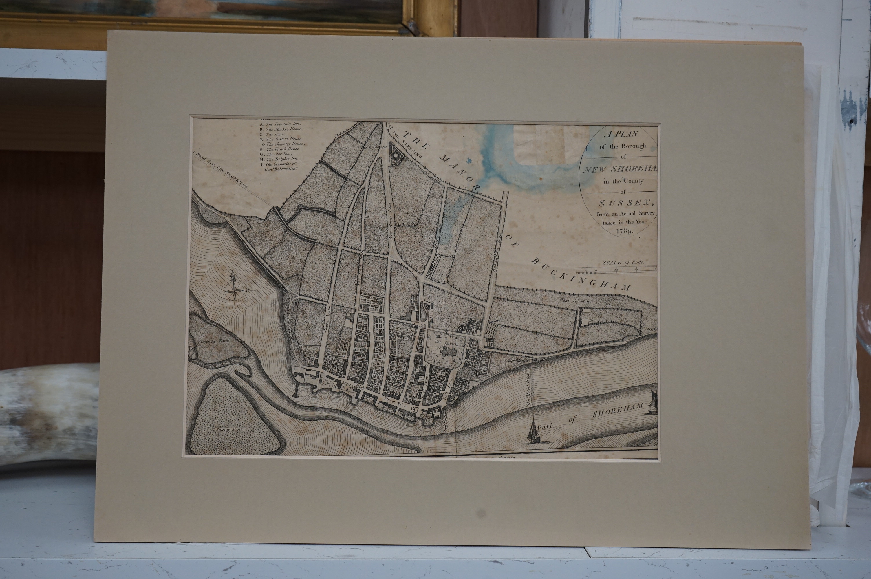 Shoreham by Sea Interest; J.Edwards Publ. coloured engraving, A Plan of the Borough of New Shoreham, 1789, 27 x 41cm and another example for 1817, 27 x 41cm, both unframed. Condition - both with paper discolouration and